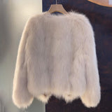 Cropped Faux Fur Jacket with Buckle Strap and V-Neck