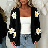 Open-Front Cardigan with Floral Applique and Long Sleeves