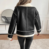 Faux Leather Sherpa Jacket with Zip Front and Buckle Collar