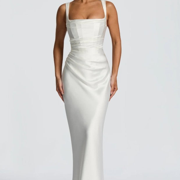 Satin Mermaid Maxi Dress with Square Neck and Wide Straps