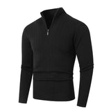 Textured Cable Knit Sweater with Quarter Zip and Stand Collar