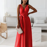 Draped V-Neck Wrap Maxi Dress with Tie Waist