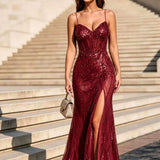 Mermaid Sequin Maxi Dress with Sweetheart Neck and Thigh Slit