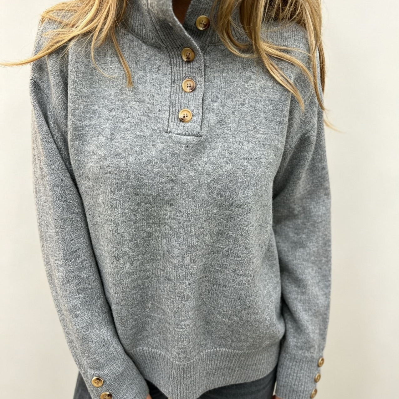 Button-Front Mock Neck Knit Sweater with Long Sleeves