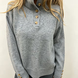 Button-Front Mock Neck Knit Sweater with Long Sleeves