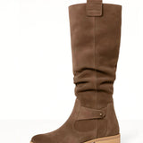Women's Knee High Boots with Slouchy Shaft and Buckle Strap Detail with Low Block Heel and Side Zipper