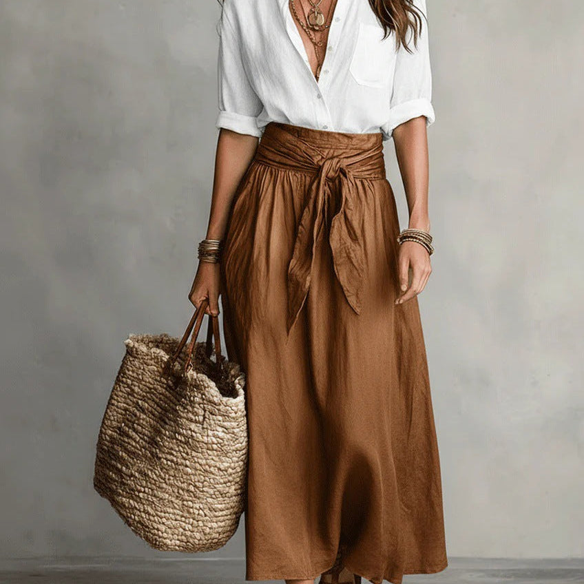 Button-Front Shirt and Maxi Skirt Set with Tie Waist