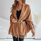 Fringe Hem Poncho with Shawl Collar and Dolman Sleeve