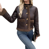 Cropped Sherpa Trim Jacket with Button-Front and Patch Pockets