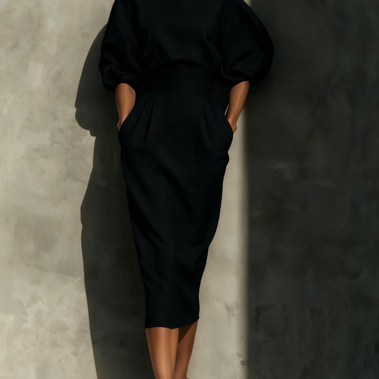Puff Sleeve Midi Dress with Boat Neck and High Waist