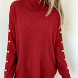 Oversized Turtleneck Sweater with Button Sleeve and Ribbed Trim