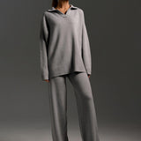 Oversized Polo Sweater and Wide-Leg Pants Set