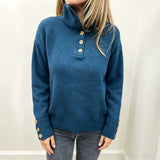 Button-Front Mock Neck Knit Sweater with Long Sleeves