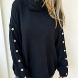 Oversized Turtleneck Sweater with Button Sleeve and Ribbed Trim