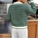Collared V-Neck Knit Sweater with Contrast Trim