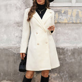 Double-Breasted A-Line Coat with Lapel Collar and Knee Length