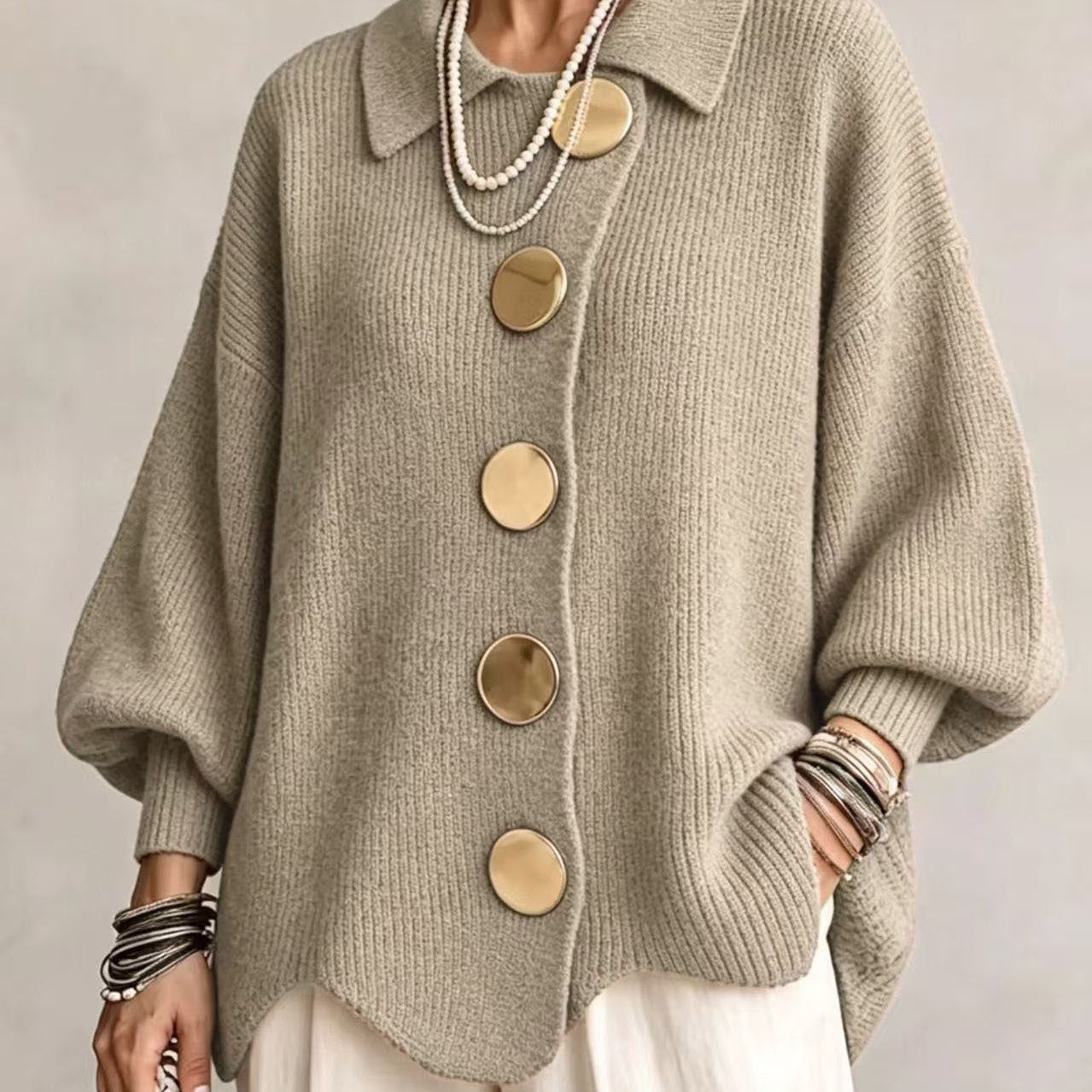 Oversized Button-Front Cardigan with Collar and Balloon Sleeves
