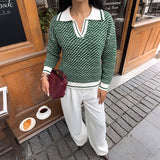 Collared V-Neck Knit Sweater with Contrast Trim