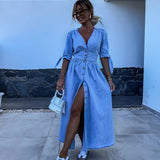 Button Front Denim Midi Dress with V-Neck and Puff Sleeves