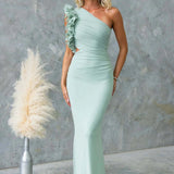 One-Shoulder Ruffle Maxi Dress with Cut-Out Waist