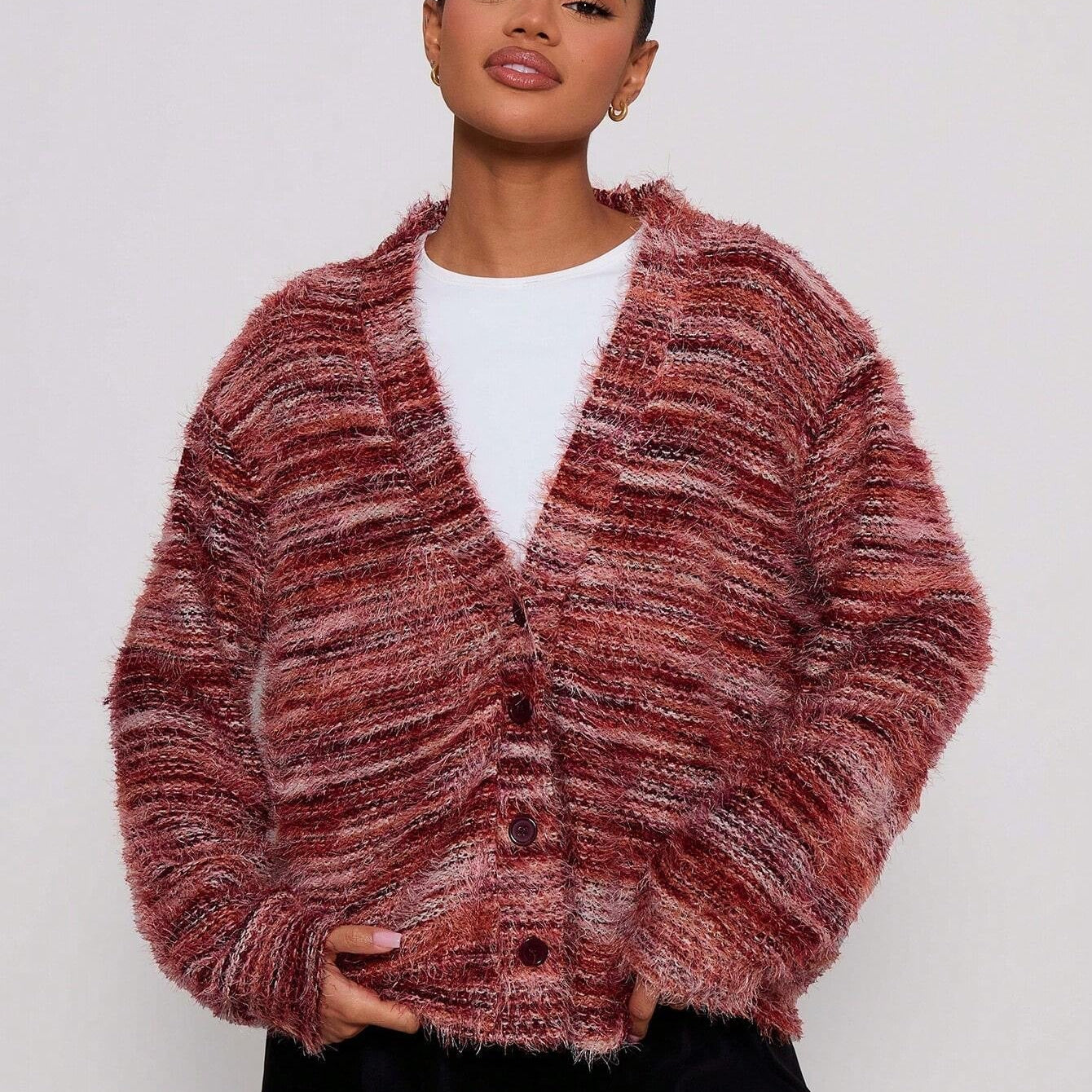 Textured Knit Cardigan with V-Neck and Button-Front
