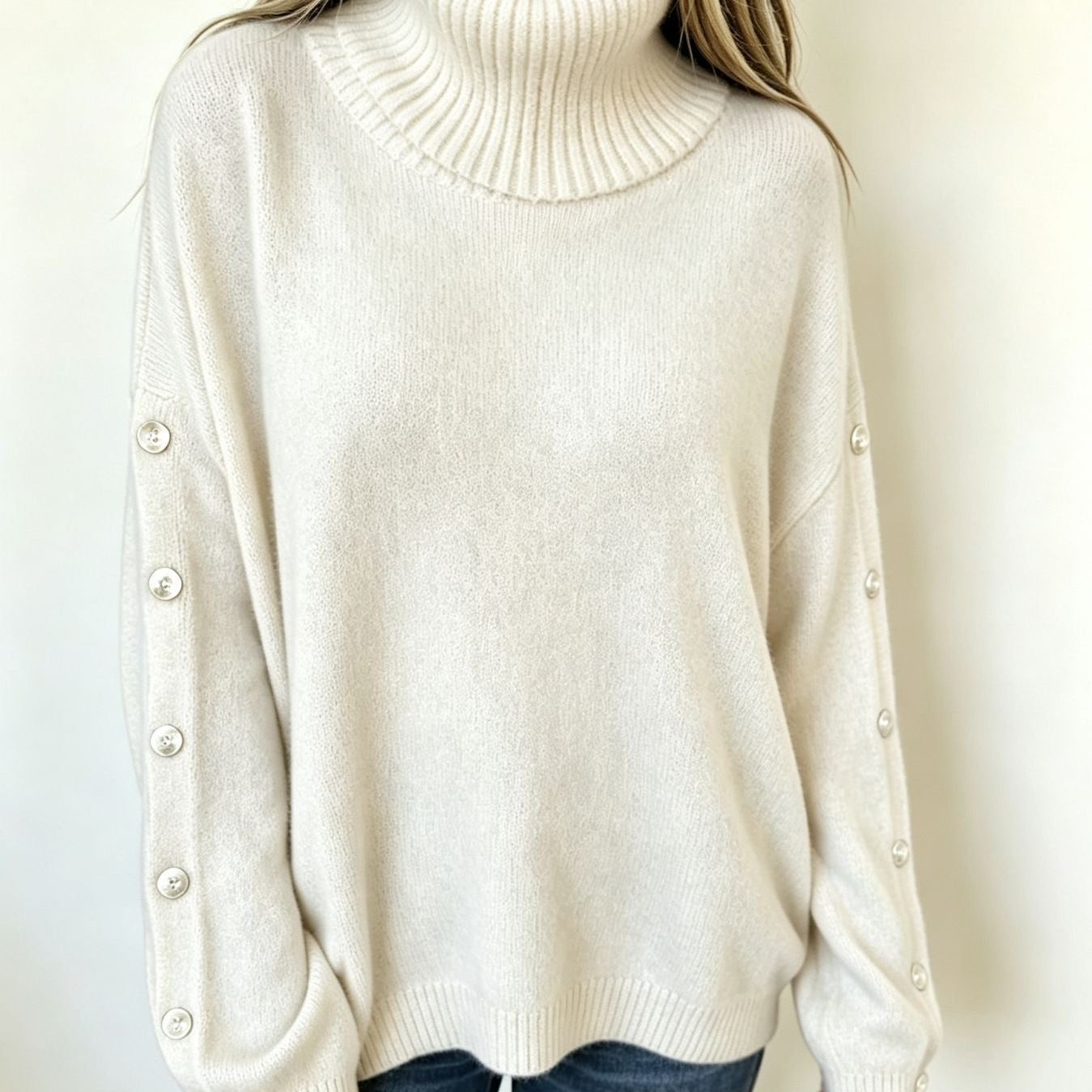 Oversized Turtleneck Sweater with Button Sleeve and Ribbed Trim