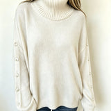 Oversized Turtleneck Sweater with Button Sleeve and Ribbed Trim
