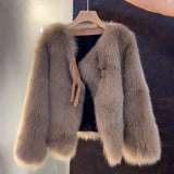 Cropped Faux Fur Jacket with Buckle Strap and V-Neck