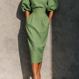 Puff Sleeve Midi Dress with Boat Neck and High Waist