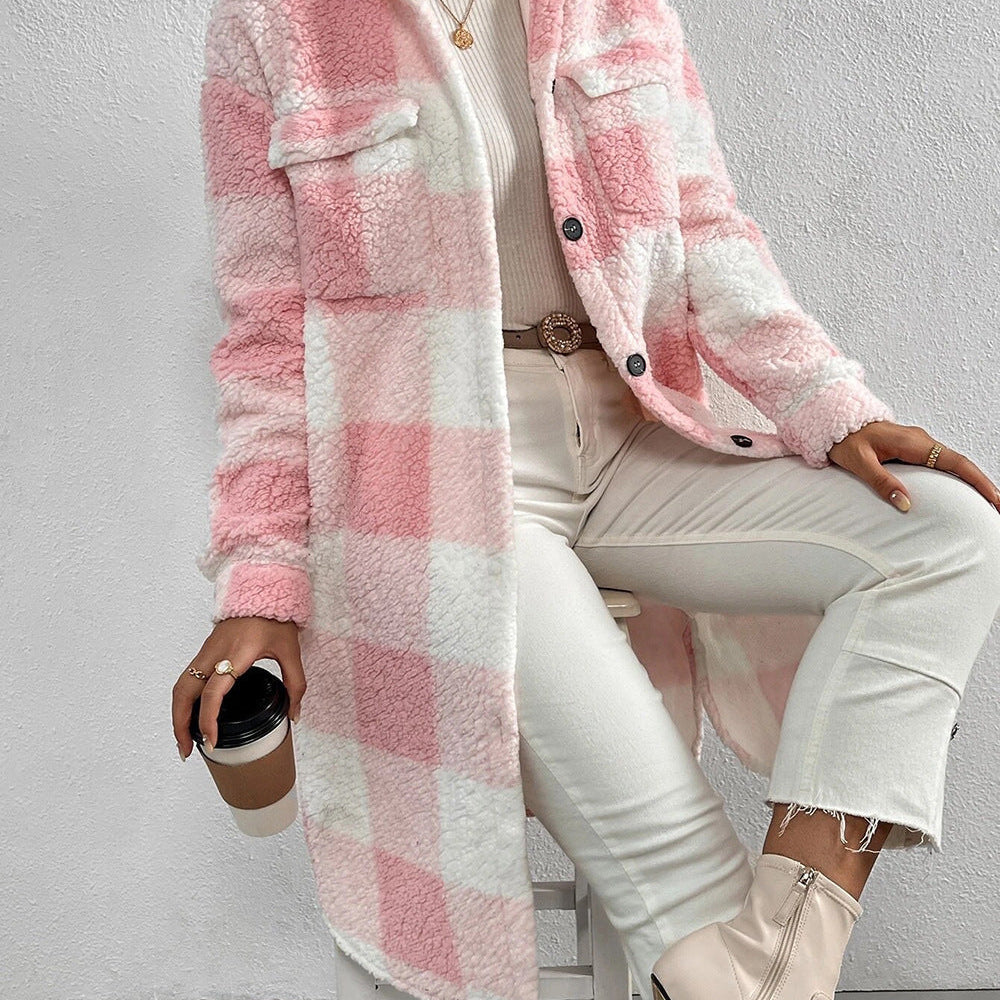 Long Plaid Sherpa Coat with Button-Front and Flap Pockets