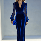 Wide-Leg Velvet Jumpsuit with V-Neck and Mesh Sleeves