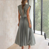 Satin Pleated Flare Midi Dress with Cap Sleeves