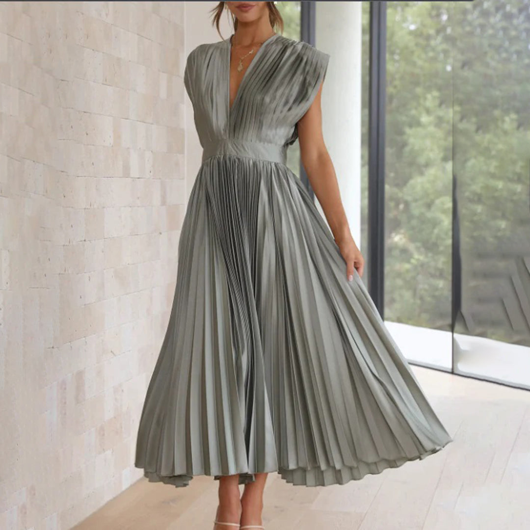 Satin Pleated Flare Midi Dress with Cap Sleeves