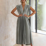 Satin Pleated Flare Midi Dress with Cap Sleeves