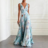 Floral Print A-Line Maxi Dress with V-Neck and Tie Waist