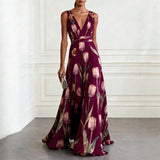 Floral Print A-Line Maxi Dress with V-Neck and Tie Waist