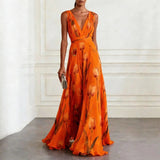 Floral Print A-Line Maxi Dress with V-Neck and Tie Waist