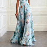 Floral Print A-Line Maxi Dress with V-Neck and Tie Waist