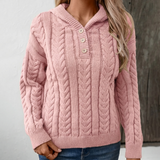 Cable Knit Hooded Sweater with Half-Button
