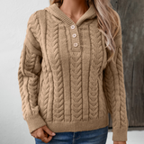 Cable Knit Hooded Sweater with Half-Button