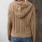 Cable Knit Hooded Sweater with Half-Button