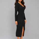 Ribbed Knit Midi Dress with V-Neck and Button Front