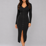 Ribbed Knit Midi Dress with V-Neck and Button Front