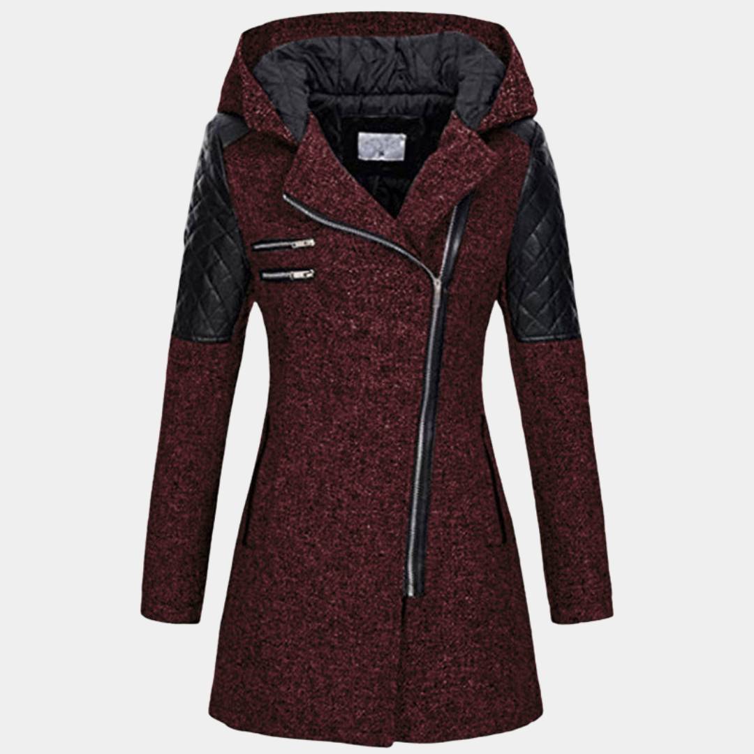 Hooded Coat with Asymmetric Zip and Quilted Sleeve
