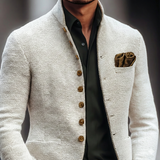 Men's Cardigan with Stand Collar and Textured Button Front for Office Wear