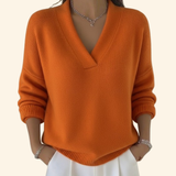 V-Neck Knit Sweater with Ribbed Trim and Long Sleeves