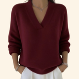 V-Neck Knit Sweater with Ribbed Trim and Long Sleeves