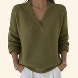 V-Neck Knit Sweater with Ribbed Trim and Long Sleeves