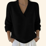 V-Neck Knit Sweater with Ribbed Trim and Long Sleeves