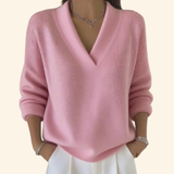 V-Neck Knit Sweater with Ribbed Trim and Long Sleeves